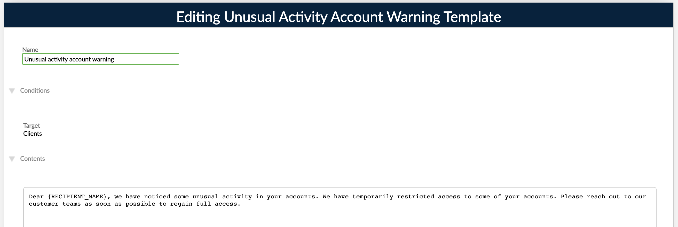 Creating SMS notification template dialog